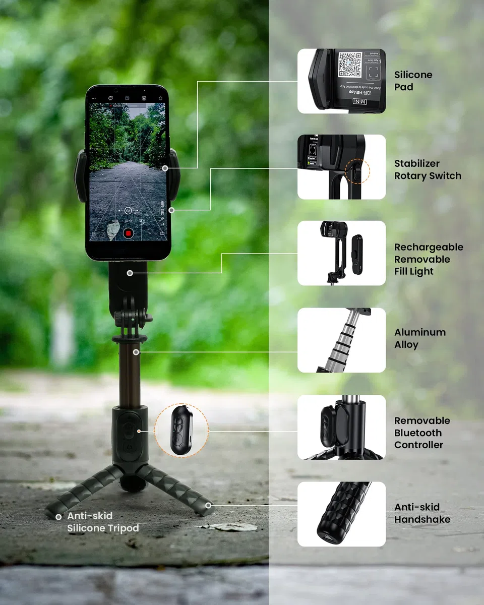 ESSAGER Stabilizzatore Smartphone Gimbal, Stabilizzatore con Luce di Riempimento Staccabile, Treppiede con Telecomando Wireless, Selfie Stick Gimbal Portatile per Video Vlog, Compatibile Android/IOS
