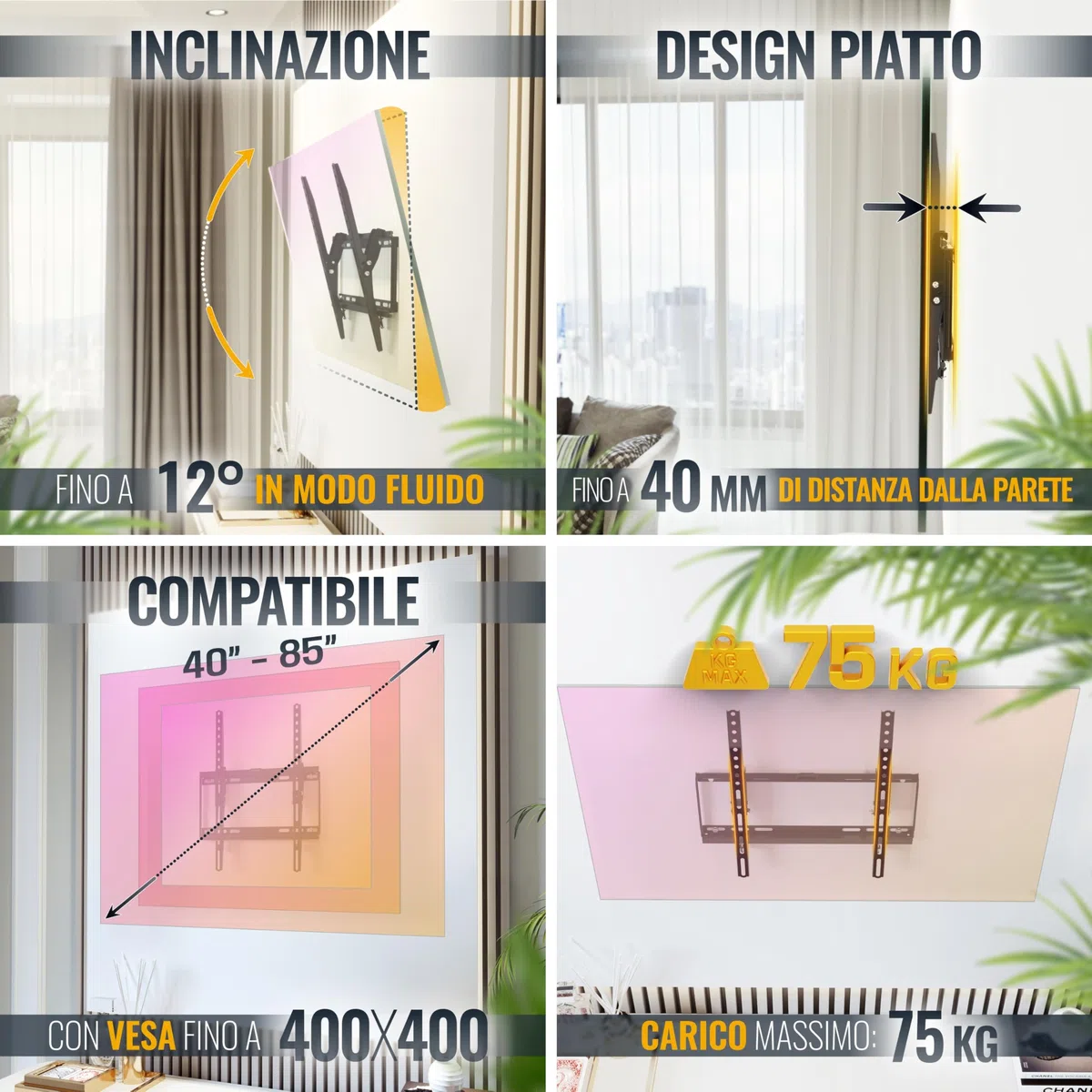 RICOO N1944 Supporto TV da parete Staffa TV 40-85 pollici per 40 42 43 49 50 55 58 65 75 77 85 pollici inclinabile fino a 75 kg max VESA 400x400