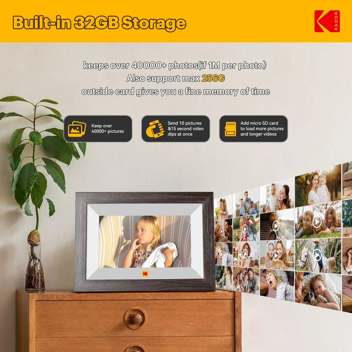 KODAK Cornice Digitale WiFi Cornice Foto Digitale, 7 Pollici HD IPS Touchscreen, Legno Cornici Elettronica con 32GB di Memoria, Portafoto Digitale Condivisione di Foto/Video via APP o Cavo di USB C