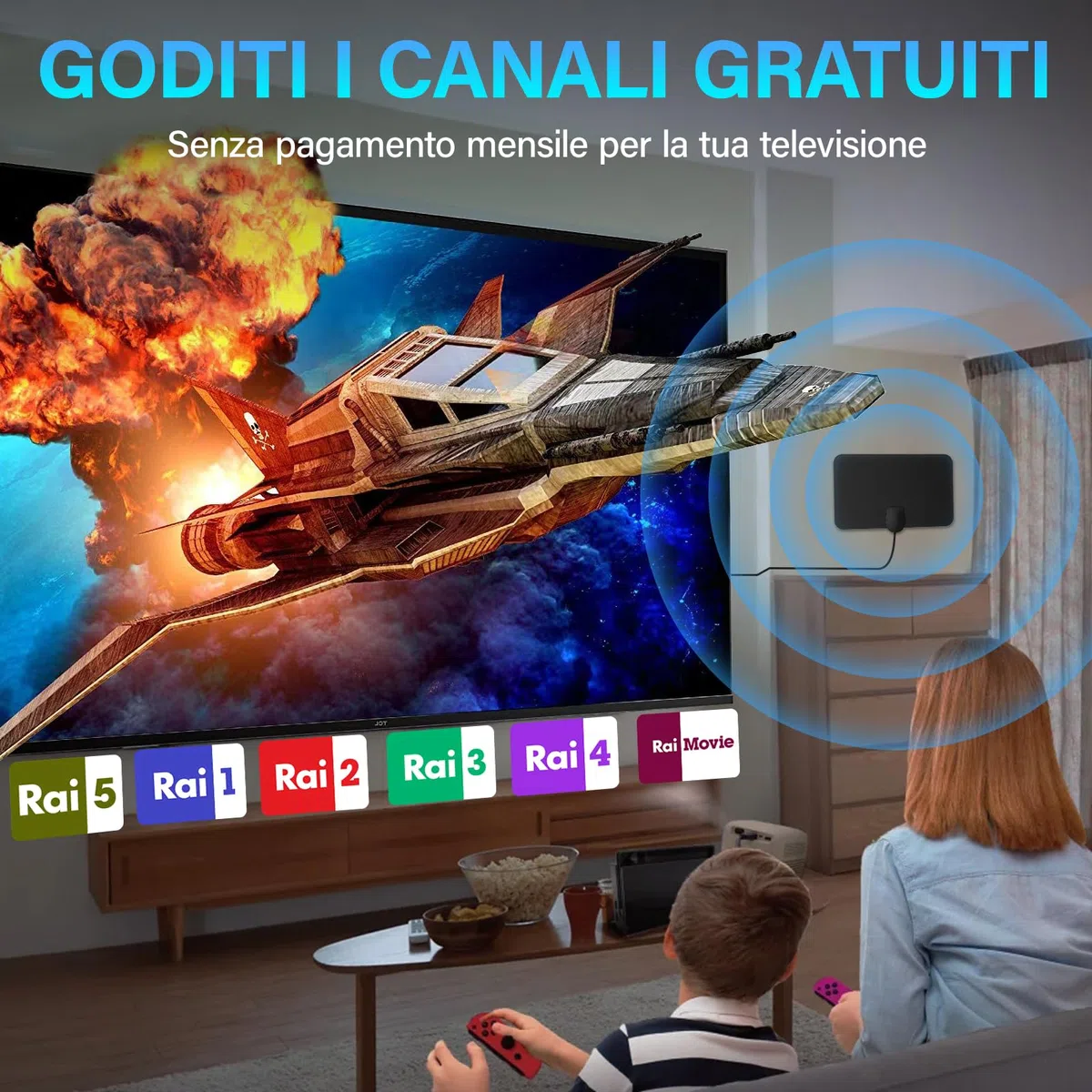 2026 Antenna TV Interna Amplificata Potente - Ricezione DVB - T2 Segnale per 400 km, Supporta Smart TV 4K HD/1080P, Con 5 m di Cavo Coassiale e Connettore Maschio Tipo F (Nero Scuro)