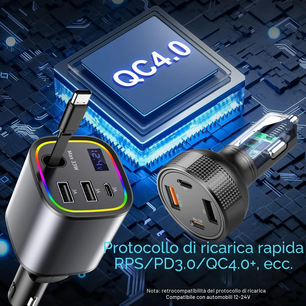 Caricatore Auto Accendisigari USB C (2pez), AGEMANY 4in1 Retrattile Caricatore con Cavo per Auto Cellulare & 4 Ports Rapido Caricatore Accendisigari Auto per iPhone Android, Auto Accessori 12V