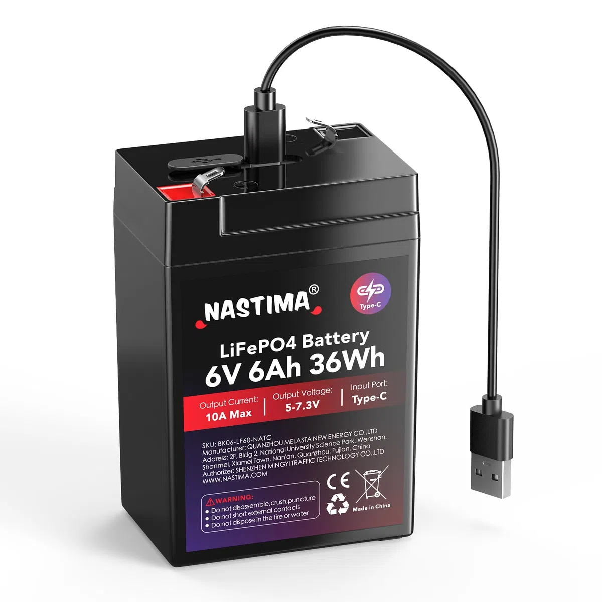NASTIMA Batteria Ricaricabile 6V 6Ah 36Wh LiFePO4 con Protezione BMS e Ciclo Profondo 2000, Ricarica Type-C, Telecamere di Sorveglianza, Macchinine per Bambini, Barche a Motore, Campeggio