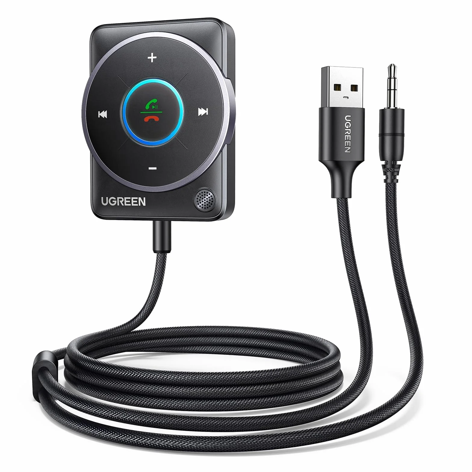 UGREEN Ricevitore Bluetooth 5.4 Adattatore per Auto con Jack AUX da 3,5 mm Pulsante Multifunzione Audio Wireless Chiamate in Vivavoce Doppia Connessione Luce RGB Compatibilità con Autoradio