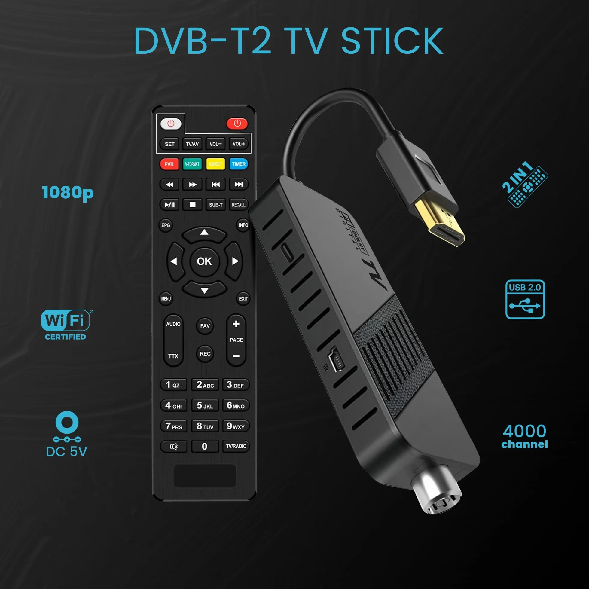 Leyf Decoder DVB-T2 TNT Full HD 1080P TV Decodificatore Nascosto dietro la TV, Display digitale, HEVC H265 Main 10 Bit, 2in1 telecomando, HDMI/AV, USB