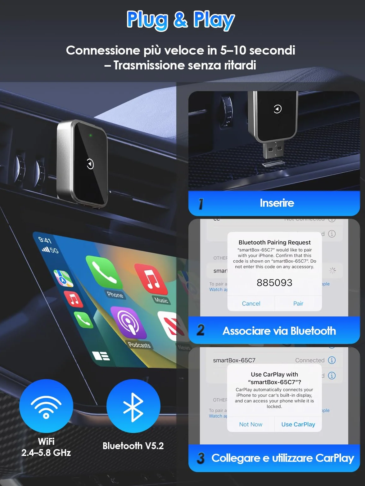 Adattatore Wireless CarPlay 2026 USB/Type-C Connessione Veloce Stabile iOS 12+