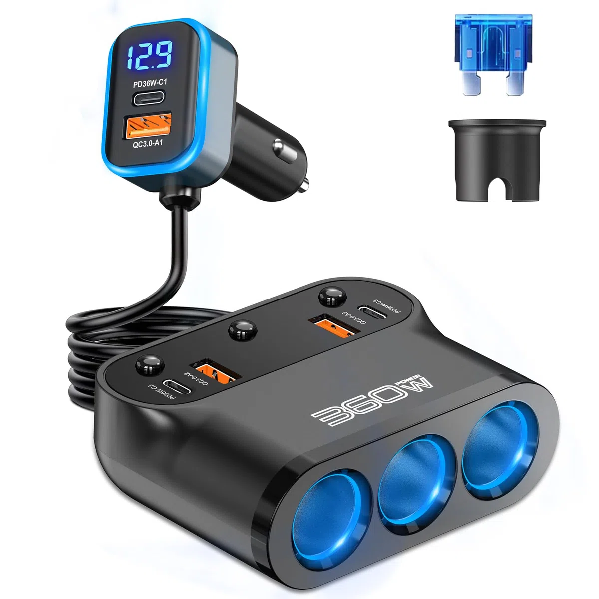 360W Avanzato 9 IN 1 Multi Presa Accendisigari Sdoppiatore per Auto, 36W PD USB Caricatore Adattatore Accendisigari 12V/24V con Interruttore Voltmetro Ricarica Rapida iPhone, Samsung, Dash Cam