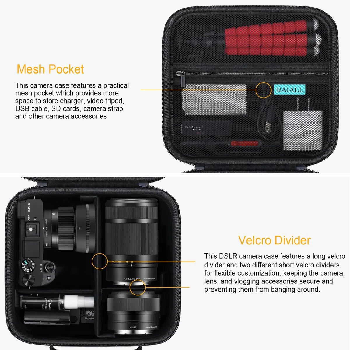 RAIALL Custodia per fotocamera digitale mirrorless Sony Alpha a6000/a6400/Sony Alpha 7 II III IV/ZV-E10 e obiettivo, borsa da viaggio rigida per fotocamera vlogging con tracolla e 3 divisori, Nero