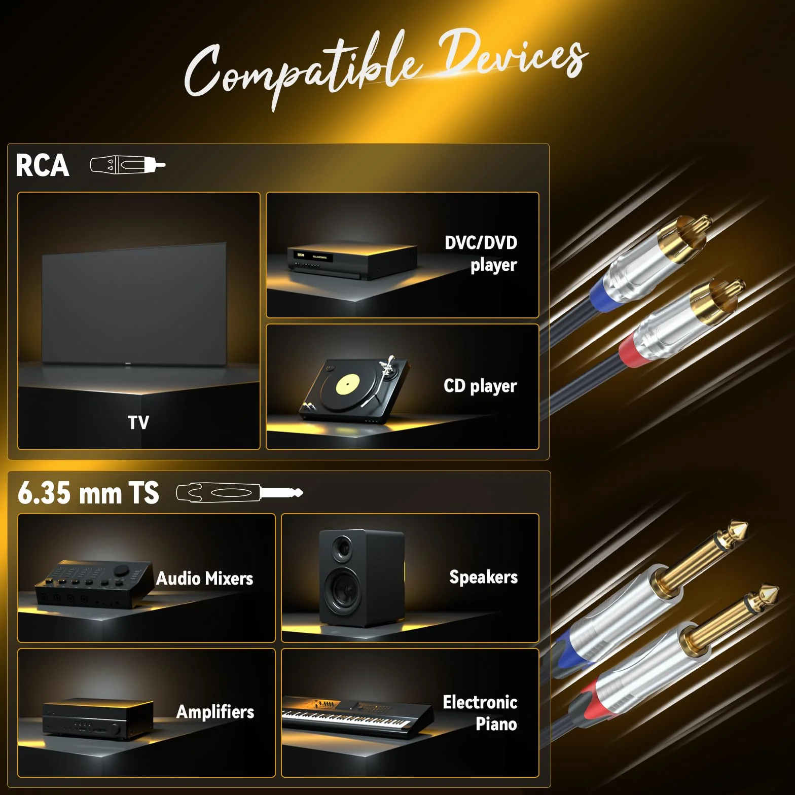 Tisino Cavo RCA a Jack, Cavo 2 RCA a 2 Jack 6,3 mm per Ricevitore AV, Amplificatore, Sistema Audio Stereo HiFi - 3 m