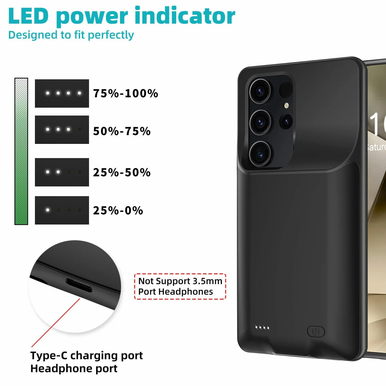 10000 mAh Cover Batteria per Samsung Galaxy S24 Ultra Custodia di Ricarica Ricaricabile, Custodia di Batteria Portatile per Samsung Galaxy S24 Ultra 5G Nero Cover di Alimentazione