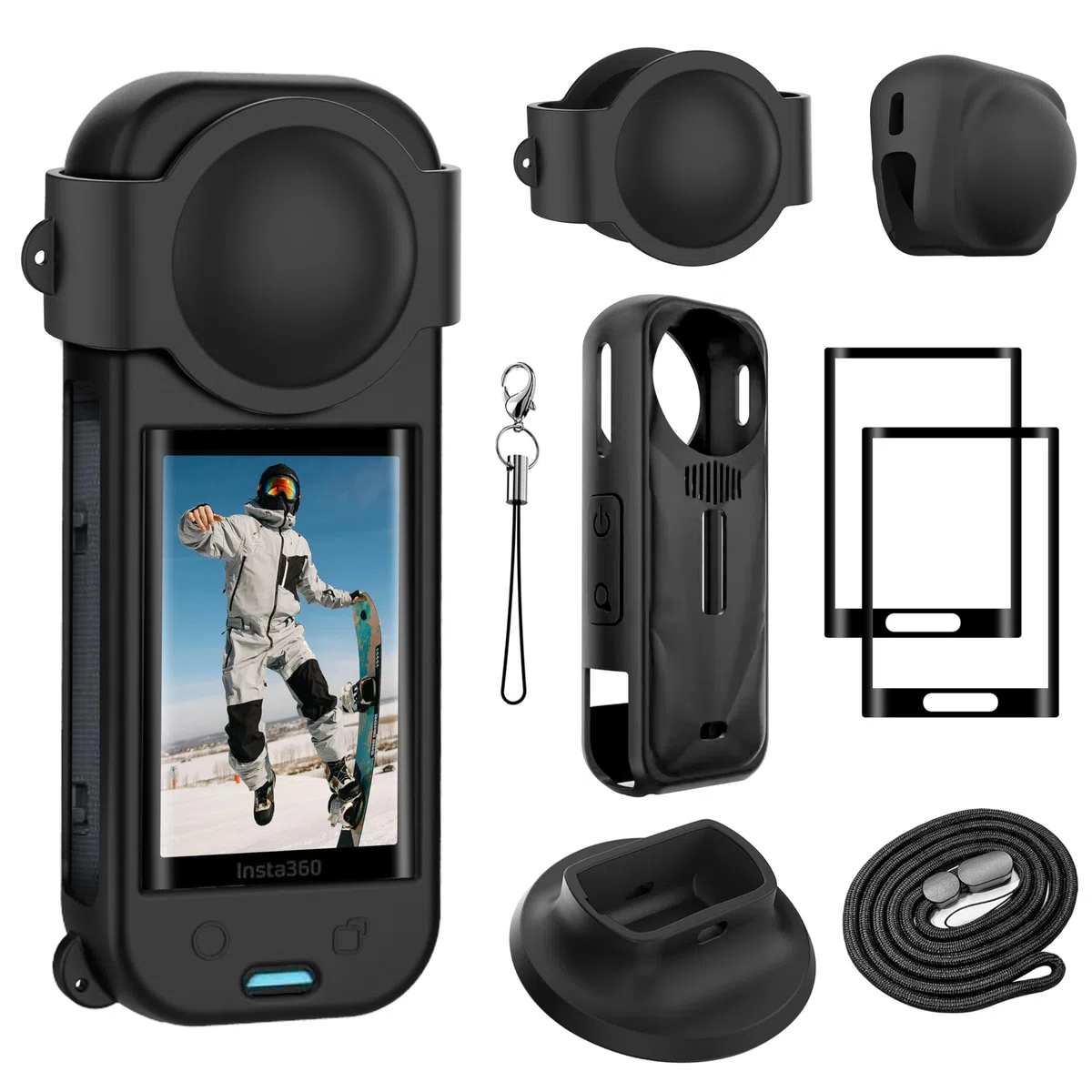 FiTSTILL - Set di protezione per Insta 360 X5, pellicola protettiva in vetro temperato e silicone, copriobiettivo e base di supporto in silicone