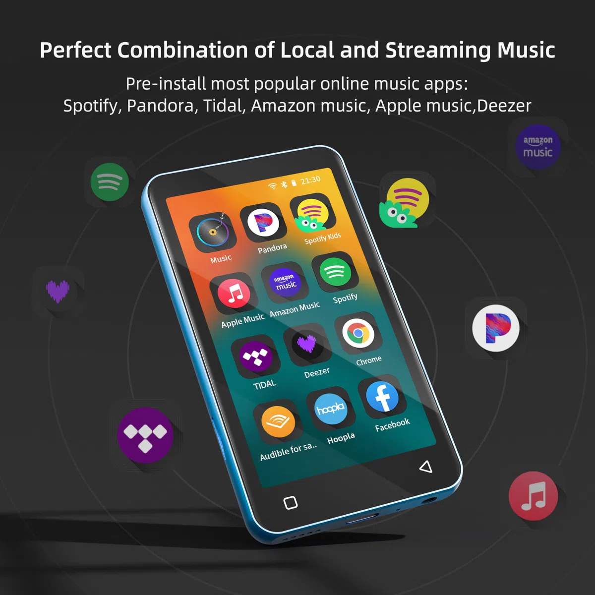 innioasis Lettore MP3 da 80 GB con Bluetooth e WiFi, Lettore musicale MP3 con Spotify, Amazon Music, Audible, Touch screen da 4 pollici, Streaming MP3 Android (blu-bianco)
