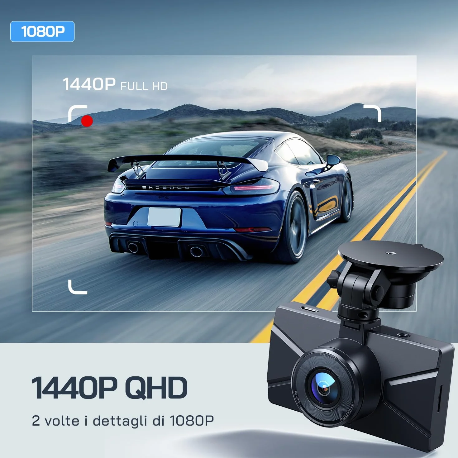 WOLFANG 2.5K Doppia Dashcam, Dash Cam Auto IPS 3" con Grandangolo di 310°, 1440P+1080P FHD Telecamera, Visione Notturna,G-Sensor, WDR, Monitor di Parcheggio, Registrazione in Loop