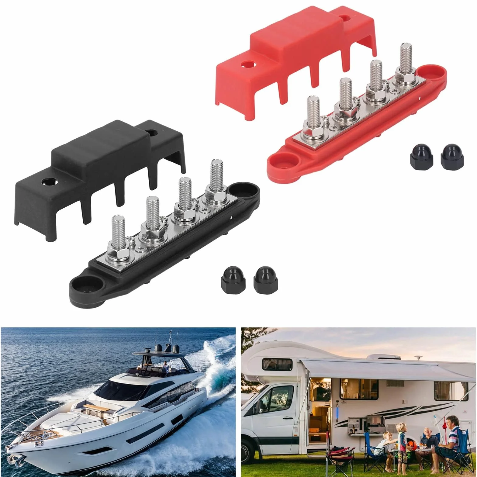 2Pcs Blocco di Distribuzione Alimentazione Rosso M8 48V 250A Barra del Bus con 4 Terminali e Scheda in Ottone per Sistemi di Alimentazione CC