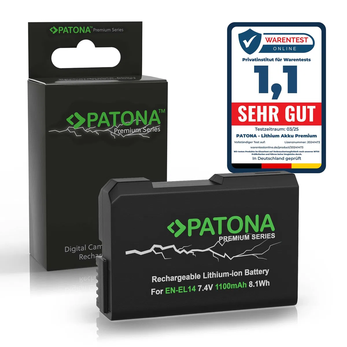 Patona batteria con Infochip di nuova generazione per Nikon EN-EL14, Coolpix P7000, Coolpix P7100, Coolpix P7700, D3100, D3200, D5100, D3100 DSLR, D5100 DSLR, D3100 DSLR, D3200 DSLR, Li-Ion, 7.4V, 1050 mAh, funziona con tutte le versioni firmware (compres