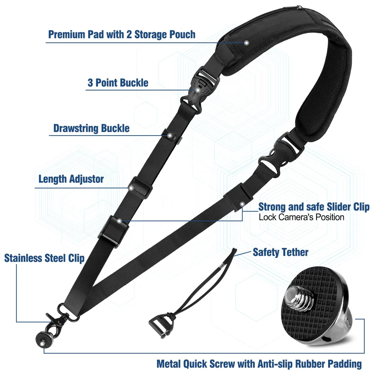 Tracolla Macchina Fotografica, Sgancio Rapido Regolabile Reflex Nylon con Corda di Sicurezza e Vite, Cinghia Fotocamera per DSLR SLR, Fino a 10 kg (Nero)