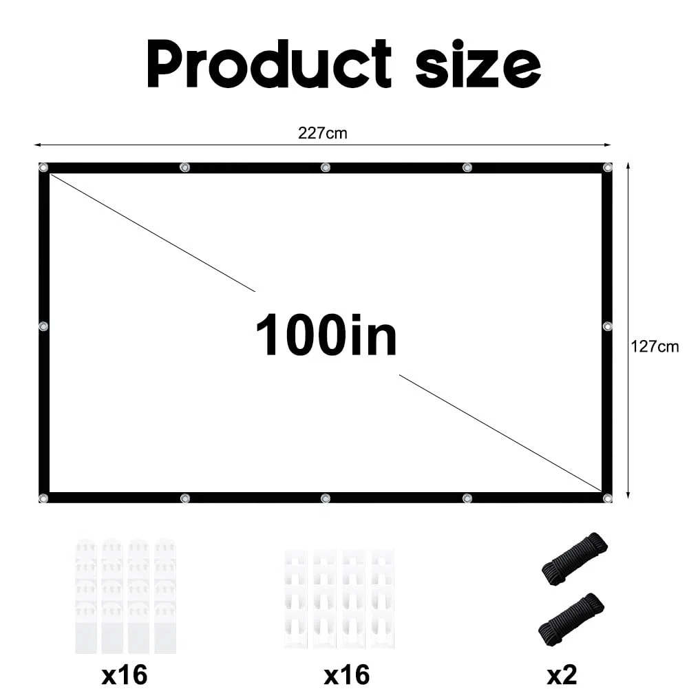 Gohytal Proiettore su tela, 16:9, HD, pieghevole, anti-piega, fronte/retro, portatile, per casa, scuola, riunioni, home theater (bianco, 100 pollici)