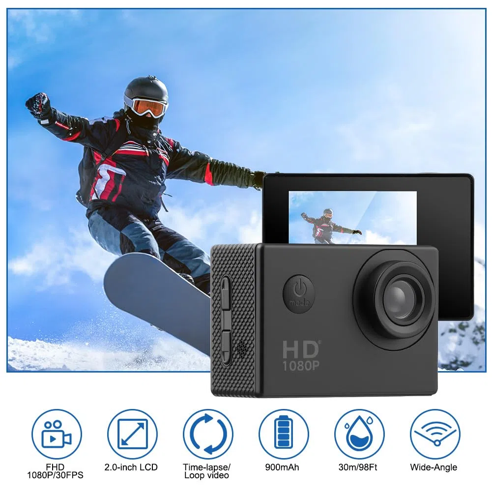 Aolso 1080P/30FPS Action Cam Con 32GB Scheda, Sports Camera Ultra HD Impermeabile fino a 30 m, Action Camera per Casco con Batterie 900 mAh e Accesorios Multiples per Ciclismo Sci Paracadutismo