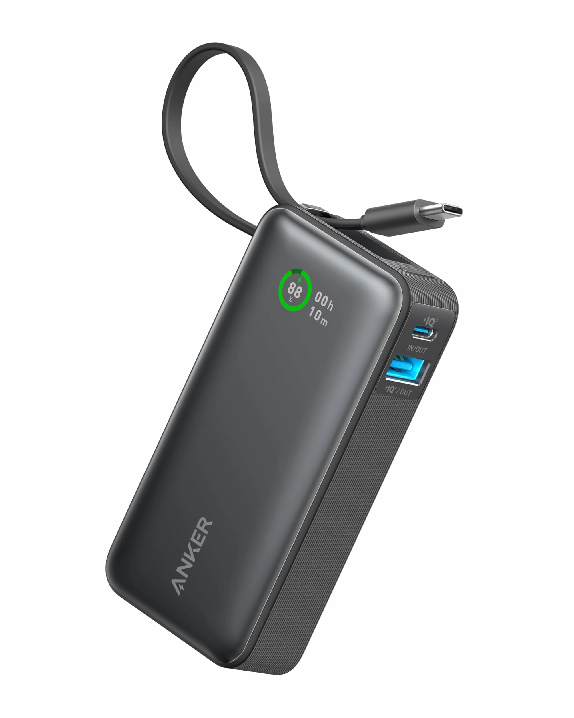 Anker Nano Power Bank Ricarica Rapida, 10000 mAh, con Cavo USB-C Integrato, PD 30 W, Potenza Massima con 1 USB C 1 USB-A, Compatibile con iPhone 17 pro max/16, MacBook, Samsung, iPad e Molto Altro