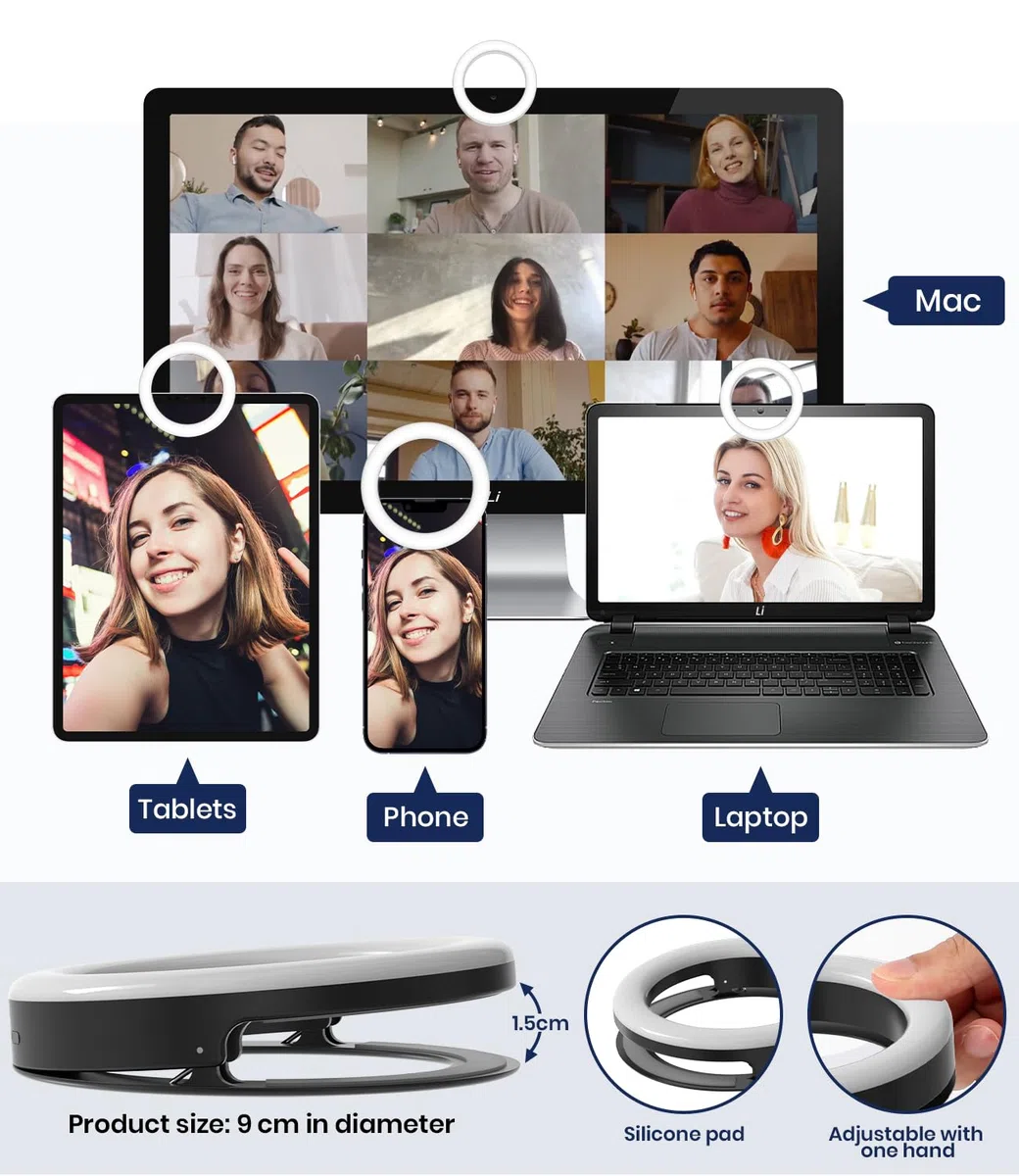 Luce ad anello per selfie, 40 LED, luce ad anello con tre modalità di colore, anello di ricarica USB, per cellulare, laptop, riunioni di zoom, trucco, videochiamate, streaming (nero)