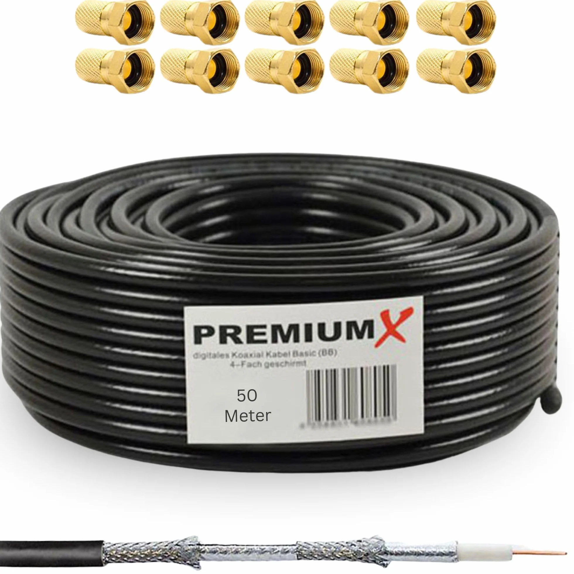 Premium X 50m Cavo coassiale BASIC NERO da Nero 130 dB Cavo antenna SAT schermato a 4 vie 130dB 4K FullHD 1080p HDTV compatibile Nuovo + 10x F-plug a colori "oro"