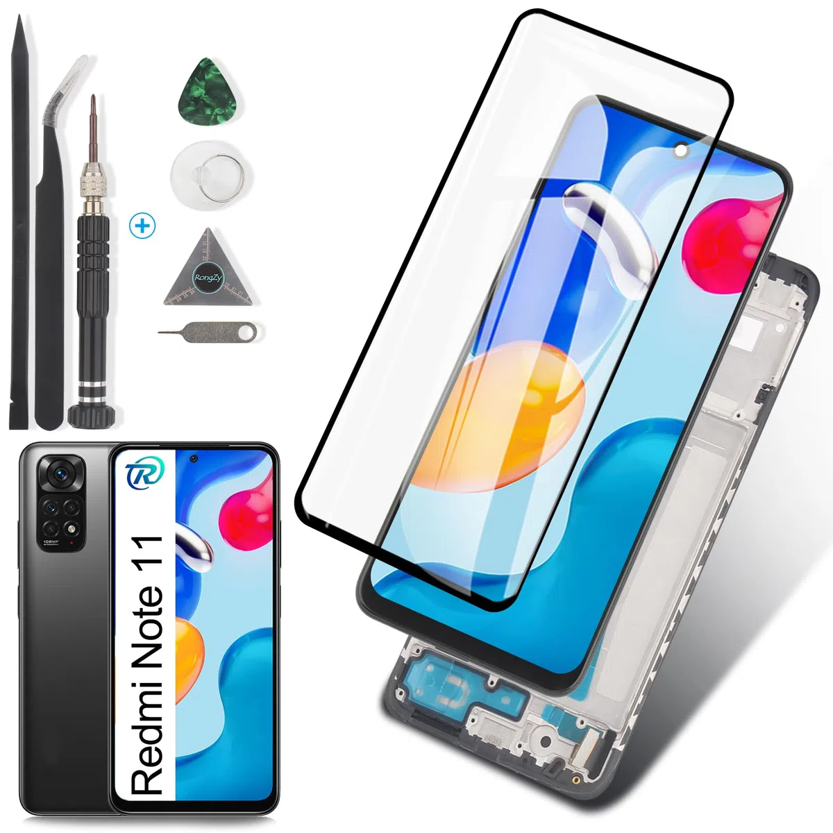 RongZy LCD Schermo per 6.43" Xiaomi Redmi Note 11 2201117TG/2201117TI/2201117TY/2201117TL Display Digitizer Assembly Vetro di Ricambio Touch Screen con Strumenti(Nero con Cornice)