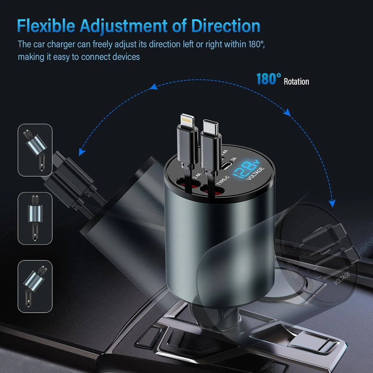 Caricabatteria da auto per accendisigari USB C 4 in 1 56W - Caricabatterie per auto con 2 cavi retraibili (Tipo C, Lightning), adattatore USB per accendisigari con visualizzazione tensione, rotazione