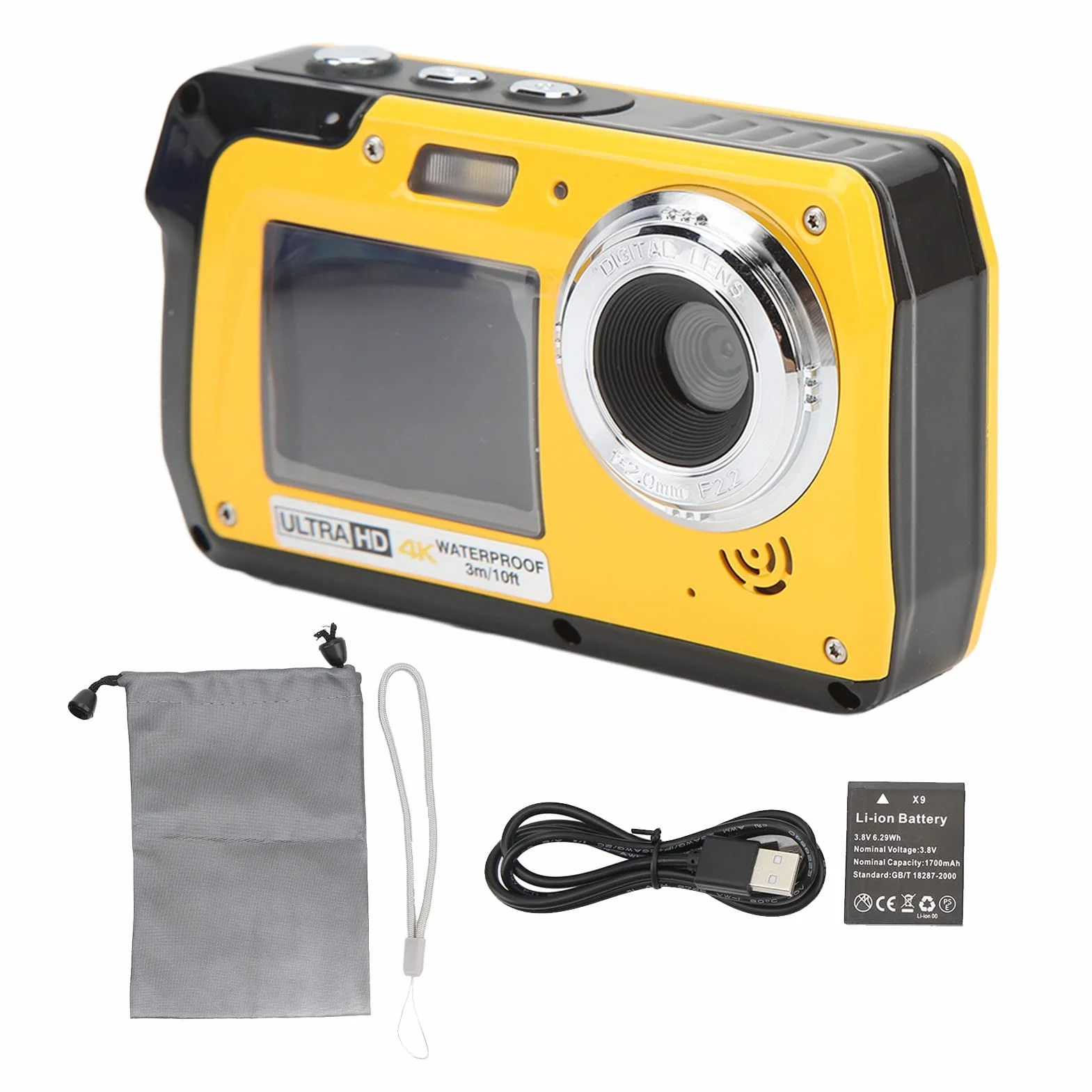 Fotocamera Digitale Impermeabile, Fotocamera Subacquea a Doppio Schermo 4K 56 MP, Zoom Digitale 18X Videoregistratore da 10 Piedi Selfie, per Esterni, Bambini, Ragazzi
