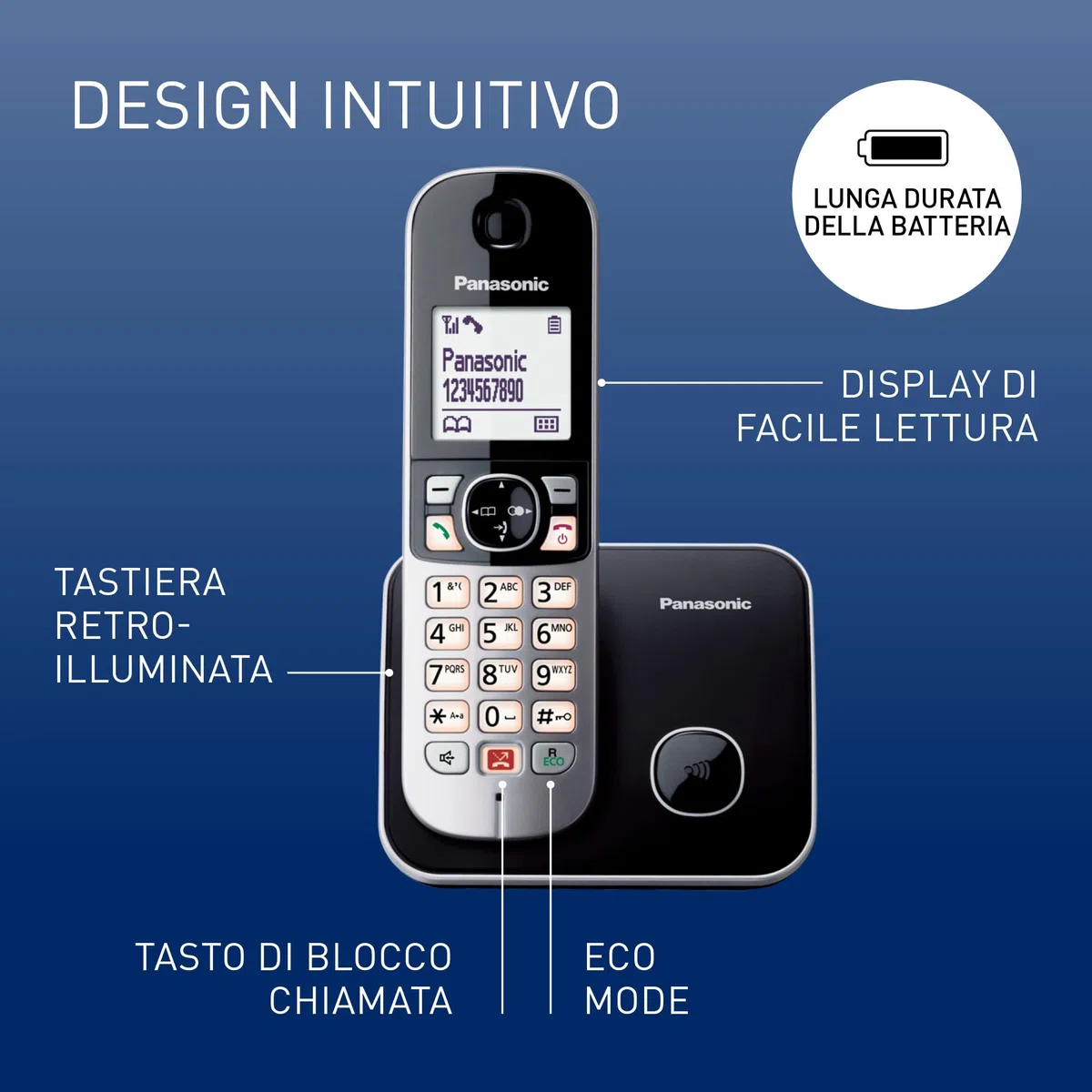 Panasonic KX-TG6851JTB Telefono Cordless Digitale, Unità Base e Ricevitore Singolo, ID Chiamante, Blocco Chiamate Indesiderate, Suoneria Categoria, Display LCD, Tastiera Illuminata, Nero