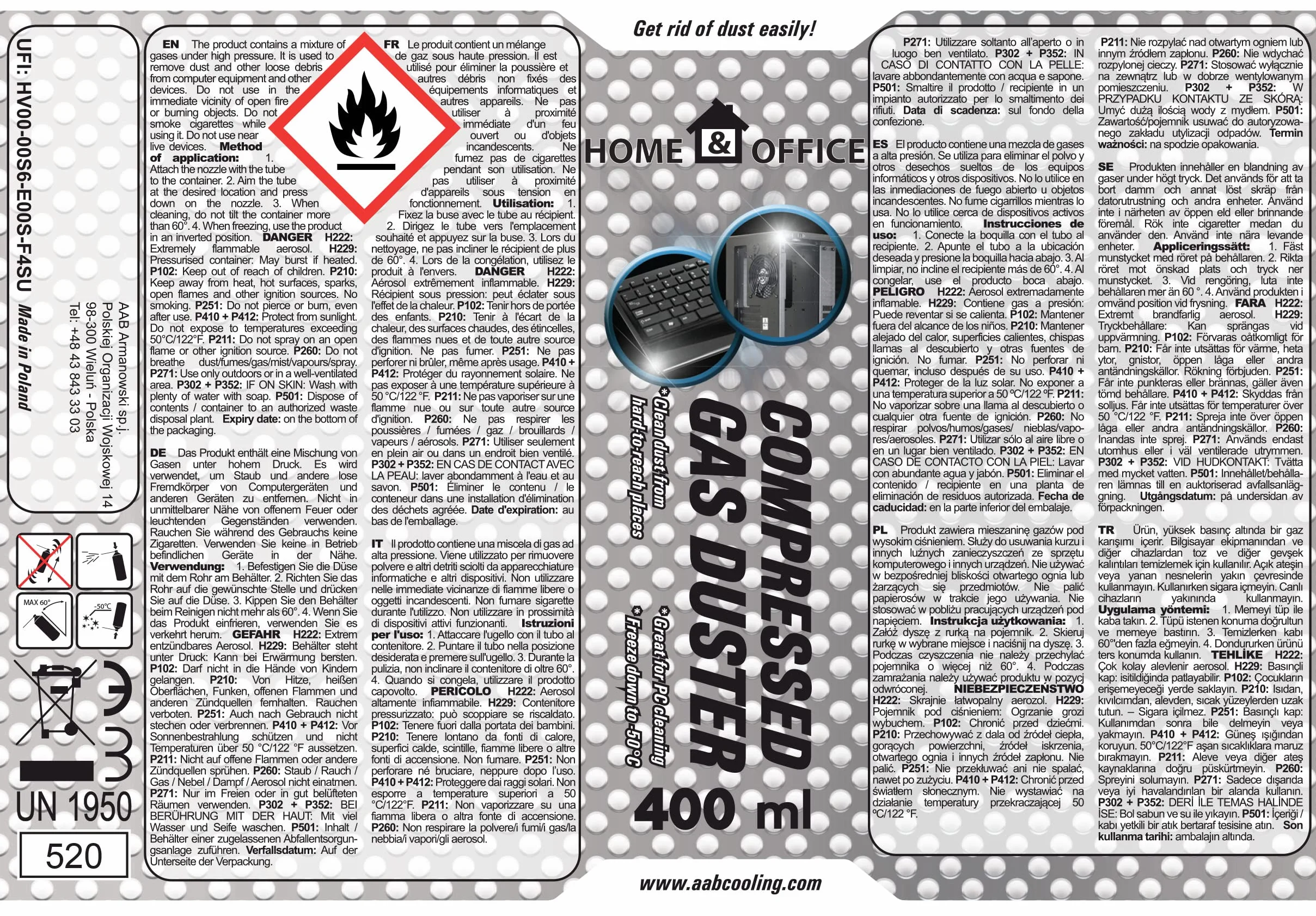 AABCOOLING Home&Office Compressed Gas Duster 6x 400ml - K1, Aria Compressa, Bombolette Spray, Pulitore Pc, Aspiratori ad aria compressa, Pulizia ufficio, Bomboletta Aria Compressa Pulizia PC