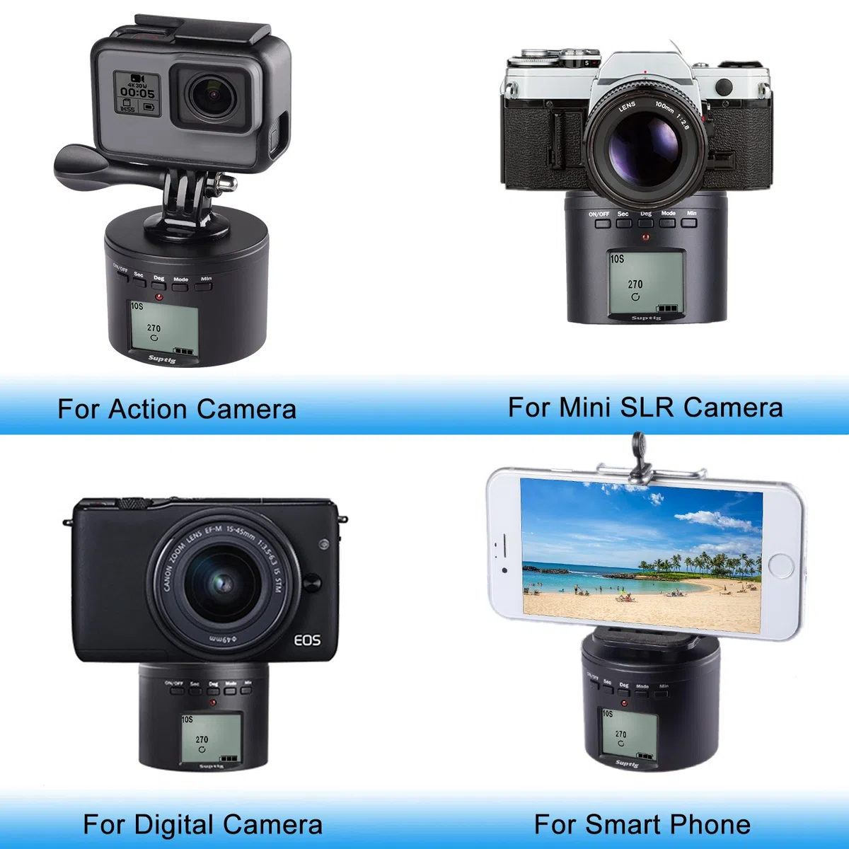 Suptig - Supporto per treppiedi per fotocamera con treppiede elettrico a 360°, compatibile con GoPro Hero 10 Hero 9 Hero 8 Hero 7 Hero 6 Hero 5 Hero 4/3 DJI osmo e iPhone Samrtphone