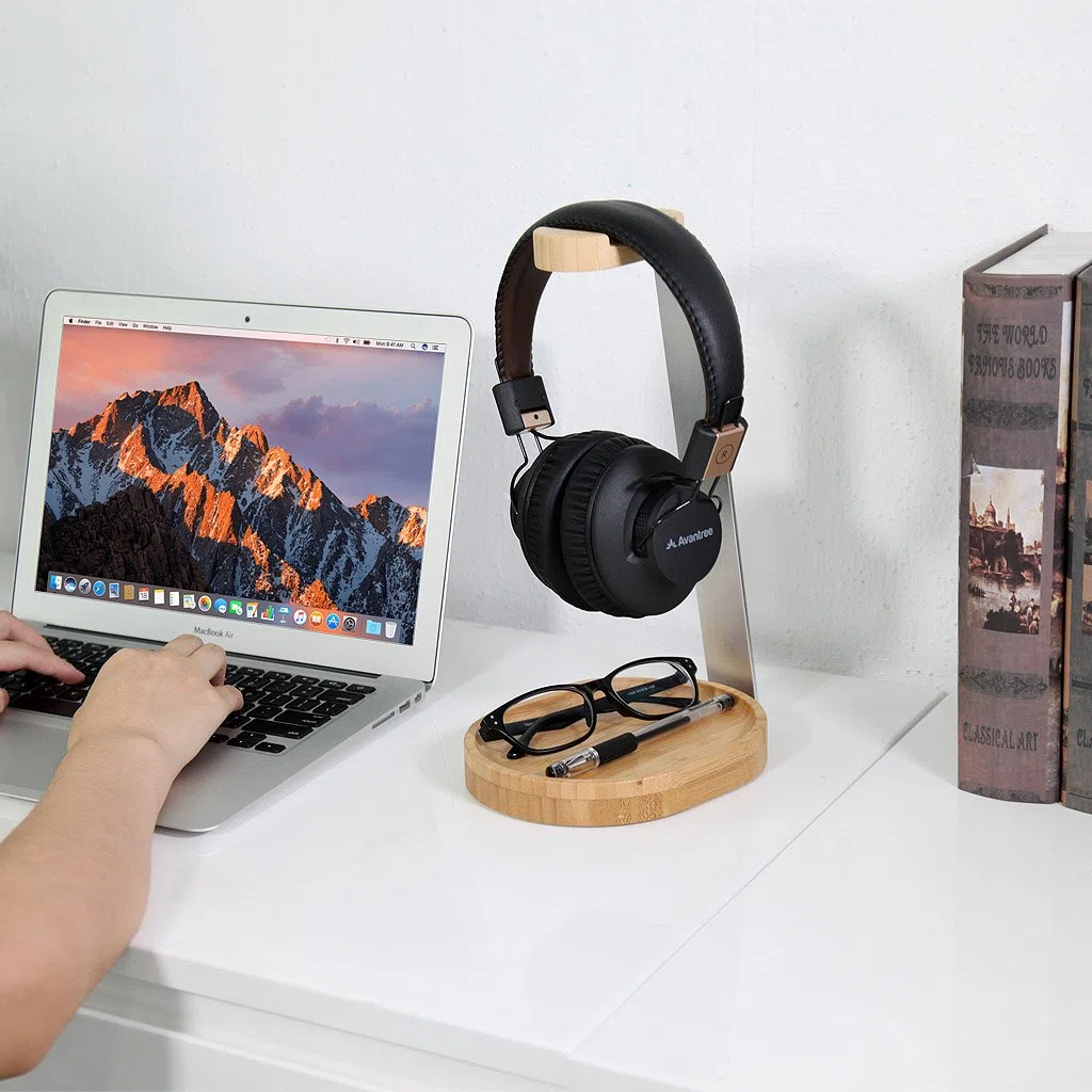 Avantree Universale Headset Stand Cuffie Supporto Legno & Alluminio con Ferma Cavo