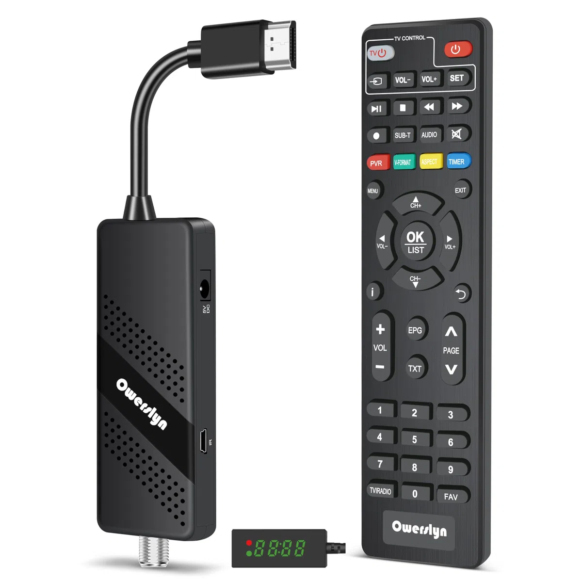 Decoder DVB-T2, OWERSLYN Decoder Digitale Terrestre 2024 HD 1080P H265 HEVC Main 10 Bit, HDMI CEC TV Stick Supporto Uscita HDMI/AV e USB Multimediale/PVR Recorder [Telecomando 2in 1 con comandi TV]