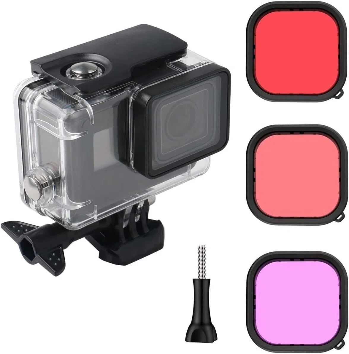 Custodia subacquea impermeabile 60 m trasparente con filtro rosso-viola-rosa Compatible with GoPro Hero (2018), GoPro Hero 7 Black, GoPro Hero 6/6 Black Hero 5/5 Black