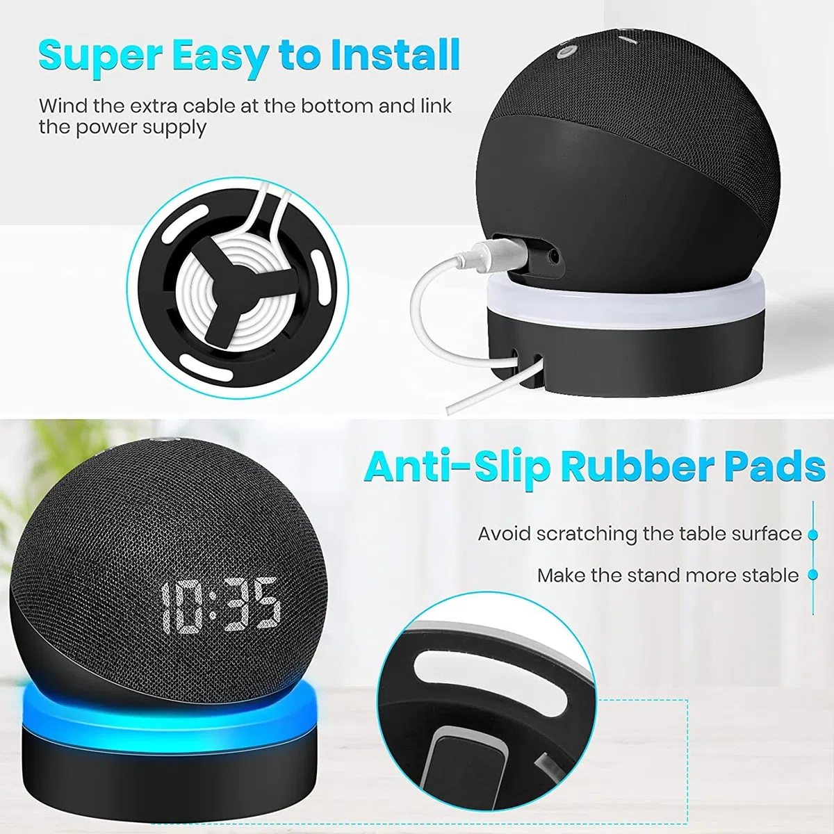 Supporto Luminescente per Amazon Echo Dot 4/5 - Stand da Scrivania con Gestione Cavi Integrata, Senza Viti, Rack per Altoparlante (Nero) WL808