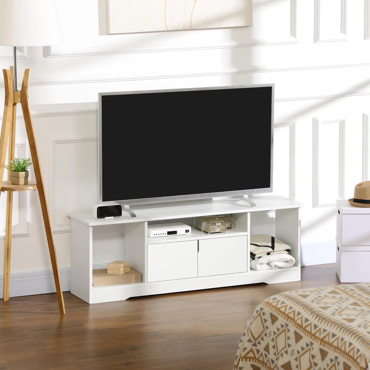 HOMCOM Mobile Porta TV Fino a 42'' con Armadietto e Ripiani Aperti, Mobiletto TV per Salotto e Soggiorno in Legno, 120x30x41cm, Bianco