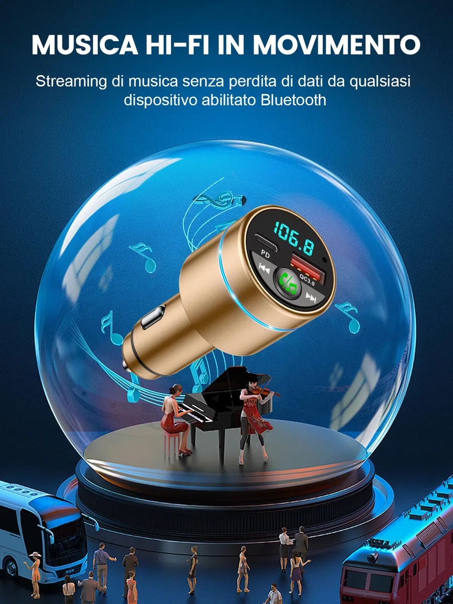 Mohard Trasmettitore FM Bluetooth 5.3 Auto, Ricarica Rapida PD 30W & QC3.0 18W Adattatore Bluetooth Accendisigari per Auto Interamente Metallo, Amplificatori Segnale Cellulari Car Musica Hi-Fi