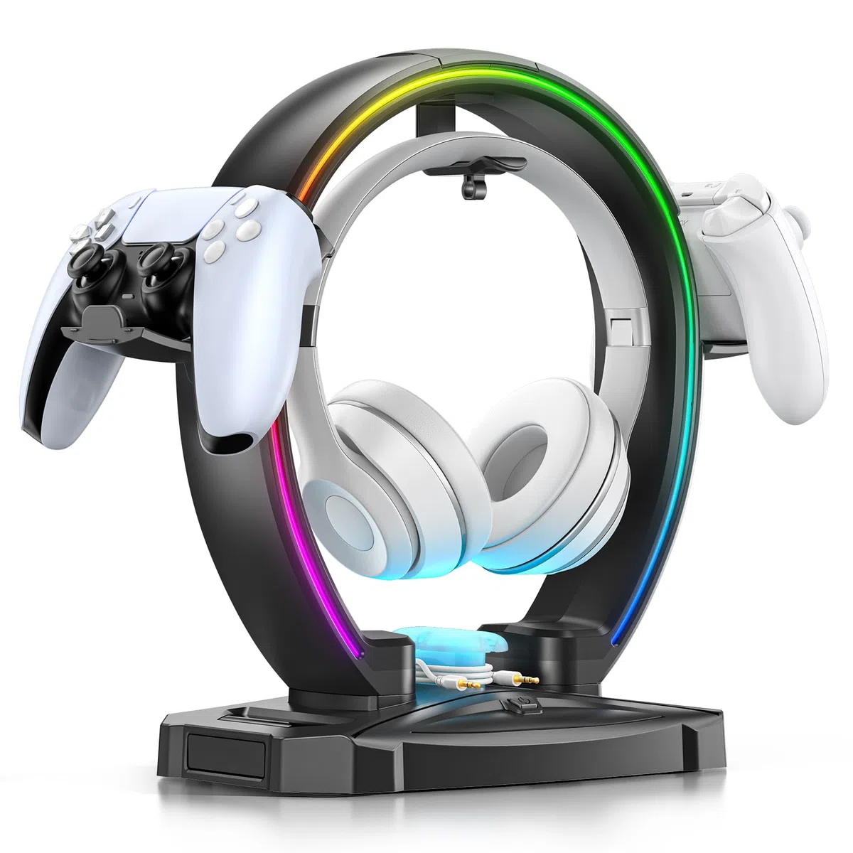 KDD Supporto Cuffie & Controller con 9 Modalità di Illuminazione - Supporto Controller Pieghevole per Scrivania - Porta Cuffie con Organizer per Cavi - Accessori da Scrivania per Giocatori