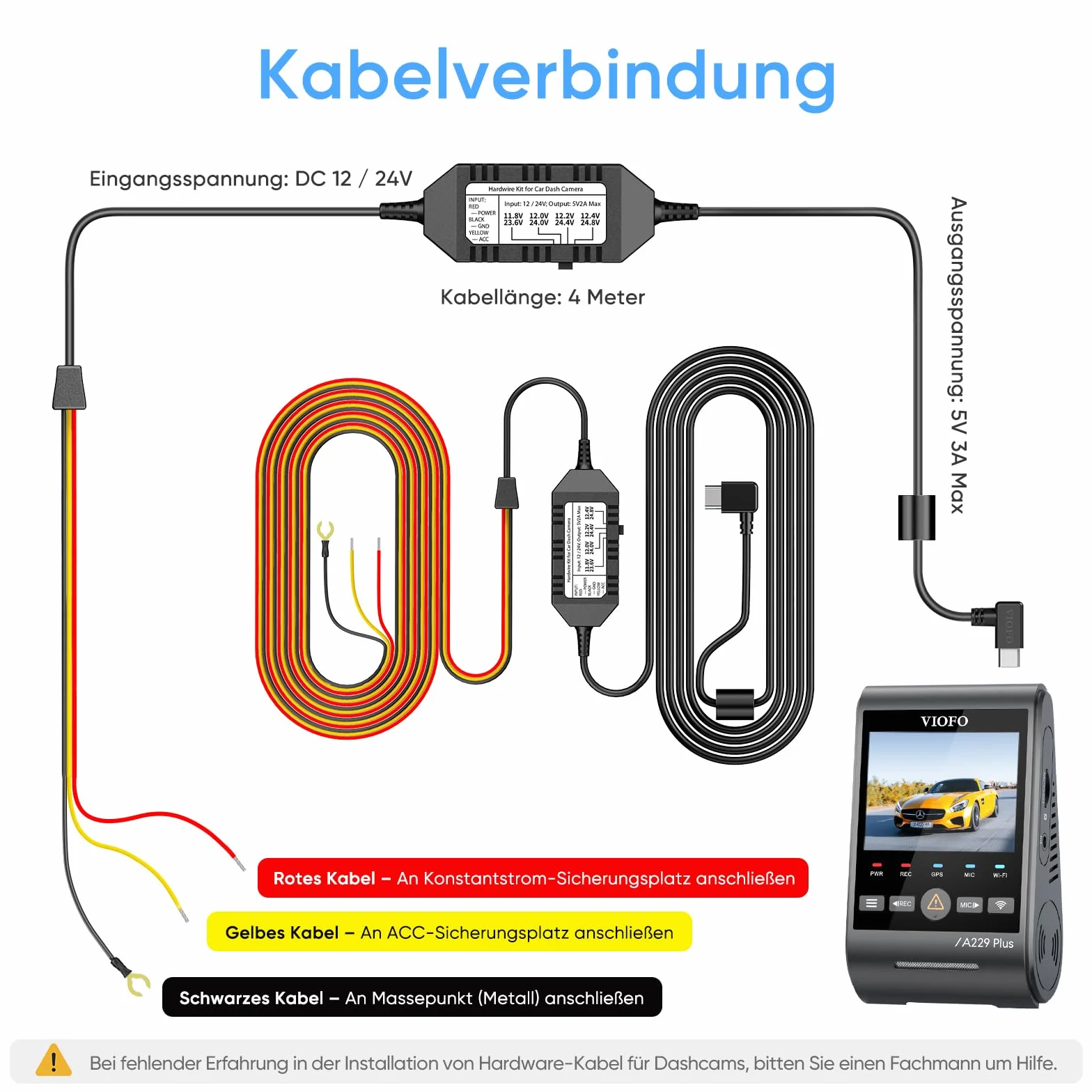 VIOFO HK4 Acc HardWire Kit per A329/T130/A119 Mini 2/WM1/A229/A139 Serie, attiva modalità parcheggio e protezione bassa tensione, fusibile richiesto