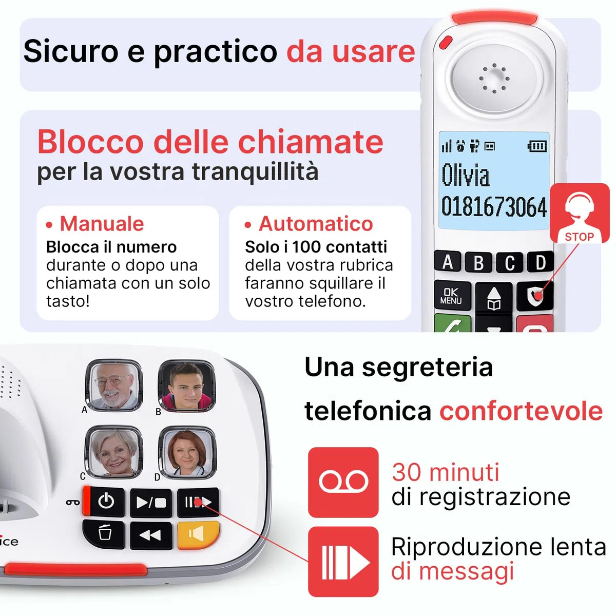 SWISSVOICE - Xtra 2355 - DECT - Telefono fisso cordless per anziani con segreteria - Tasti grandi - Audio Boost - Suonerie forti - Compatibile con apparecchi acustici - Blocco chiamate