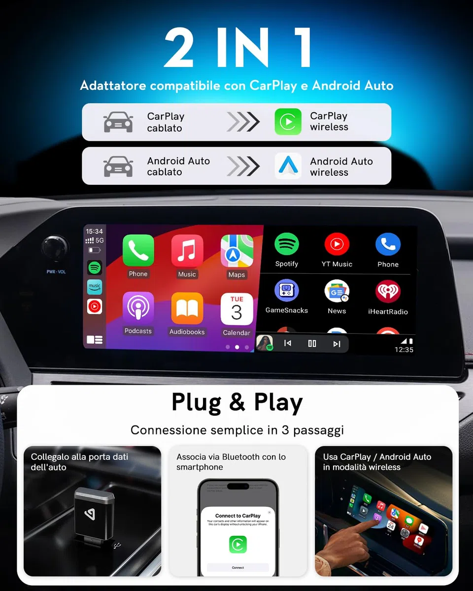 Adattatore Wireless 2 in 1 per Android Auto e CarPlay – Trasforma CarPlay cablato in wireless, con adattatore USB-C, WiFi 5.8GHz, facile da usare, mini e stabile, compatibile con iOS 10+ e Android 11+