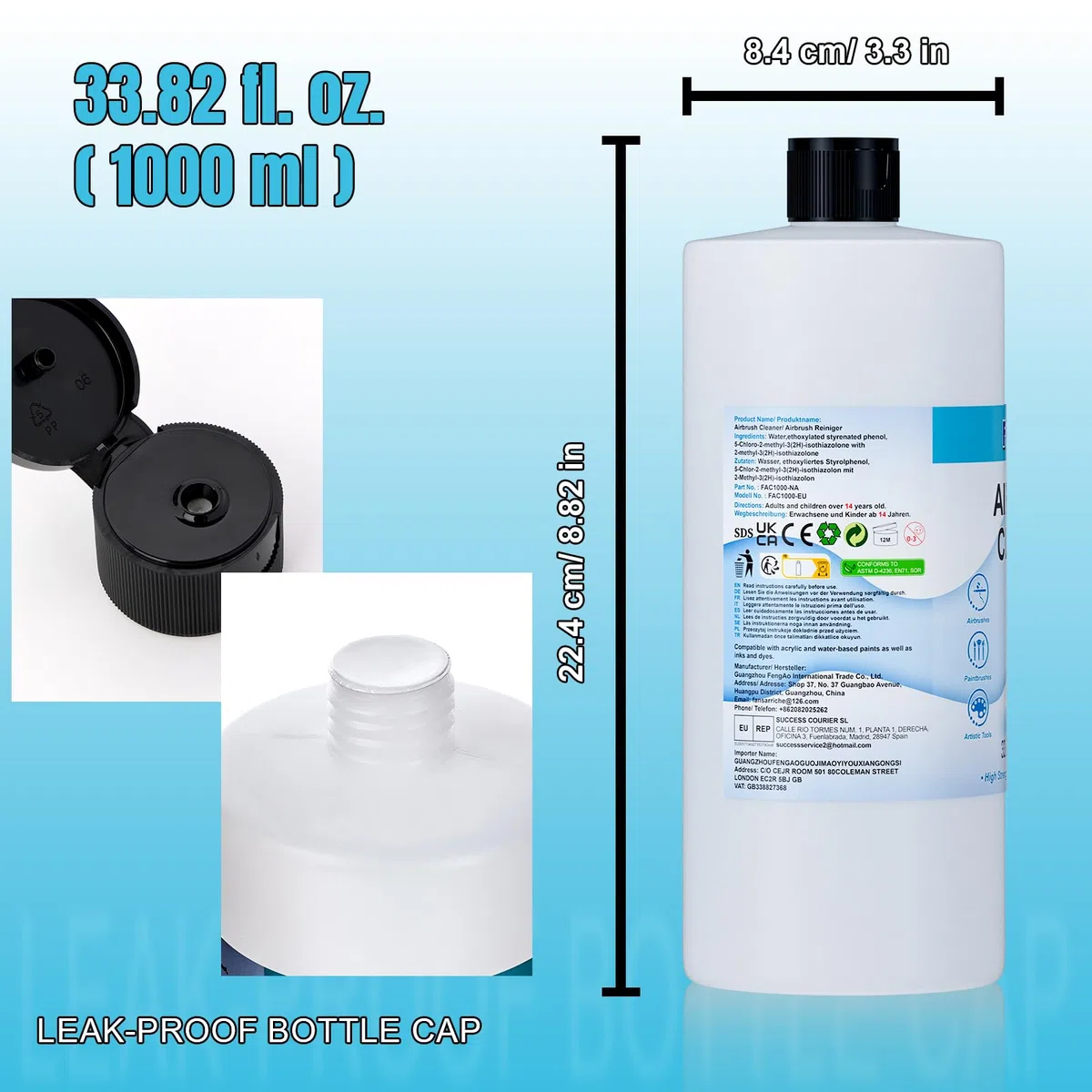 FansArriche Detergente per aerografo, flacone da 1000 ml, soluzione detergente multiuso ad azione rapida, ad alta resistenza, rimuove rapidamente vernice acrilica a base d'acqua, acquerello