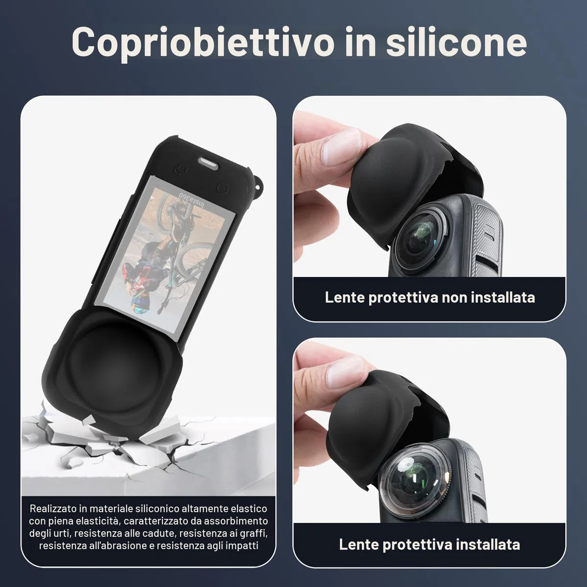 FiTSTILL - Set di protezione per Insta 360 X5, pellicola protettiva in vetro temperato e silicone, copriobiettivo e base di supporto in silicone