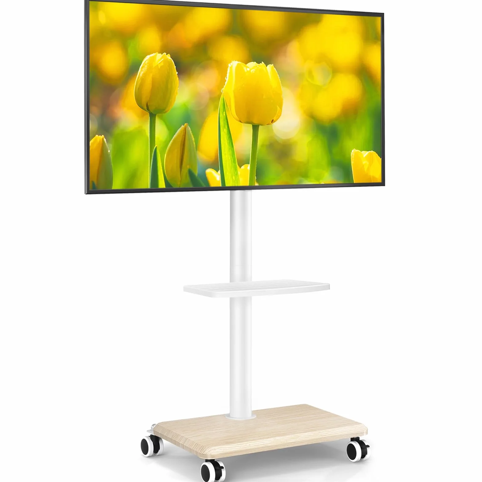 5Rcom TV Portatile con Piedistallo con Ruote per 27-55 Pollici, Supporto TV da Pavimento con Legno Base, TVs con le Ruote con Ripiano Max VESA 400x400mm 30kg (Bianca)