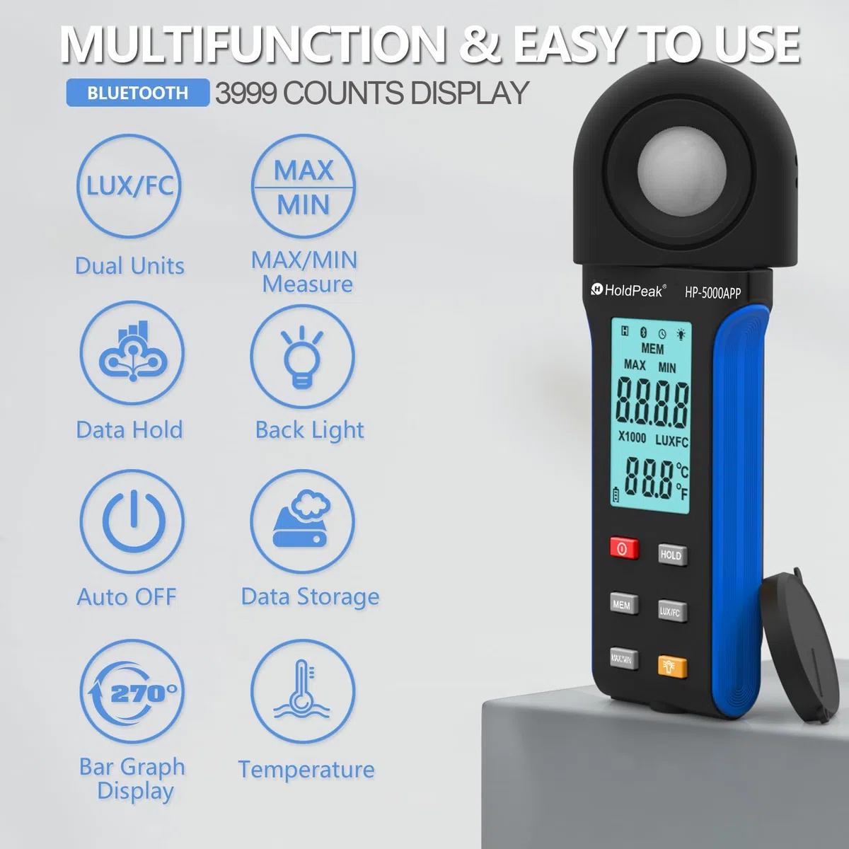 Luxmetro Digitale Tester per Misurazione Luminosita 400,000 Lux 5000APP, Misuratori di Luce, Posemetro Digitale Portatile Ambientale, per Luce LED/Piante, Rotativo 270º, APP Operazione