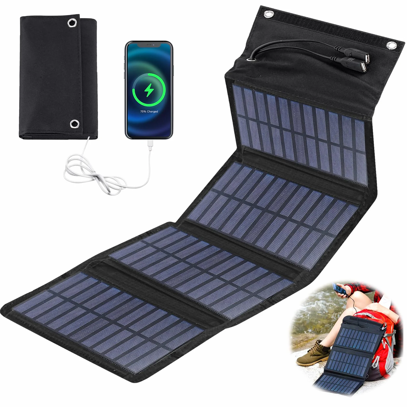 BYZESTY Pannello Solare Portatile 10W - Caricabatterie Solare Pieghevole 5V 2USB Pannello Solari Impermeabile, Pannello Solare Pieghevole Powerbank per Telefono, Attività all'Aperto, Campeggio