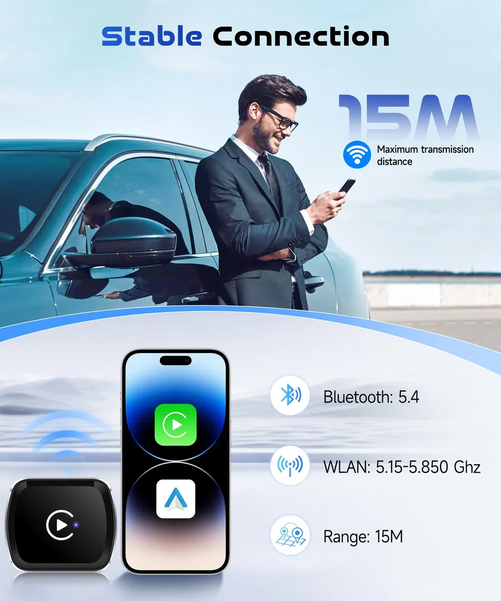 2 IN 1 Senza Fili Carplay e Senza Fili Android Au-to Adattatore, Stick per Convertire Android Auto/Car Play Cablato in Wireless per auto con CarPlay Cablato, Wireless Car Play Adattatore USB/Tipo-C