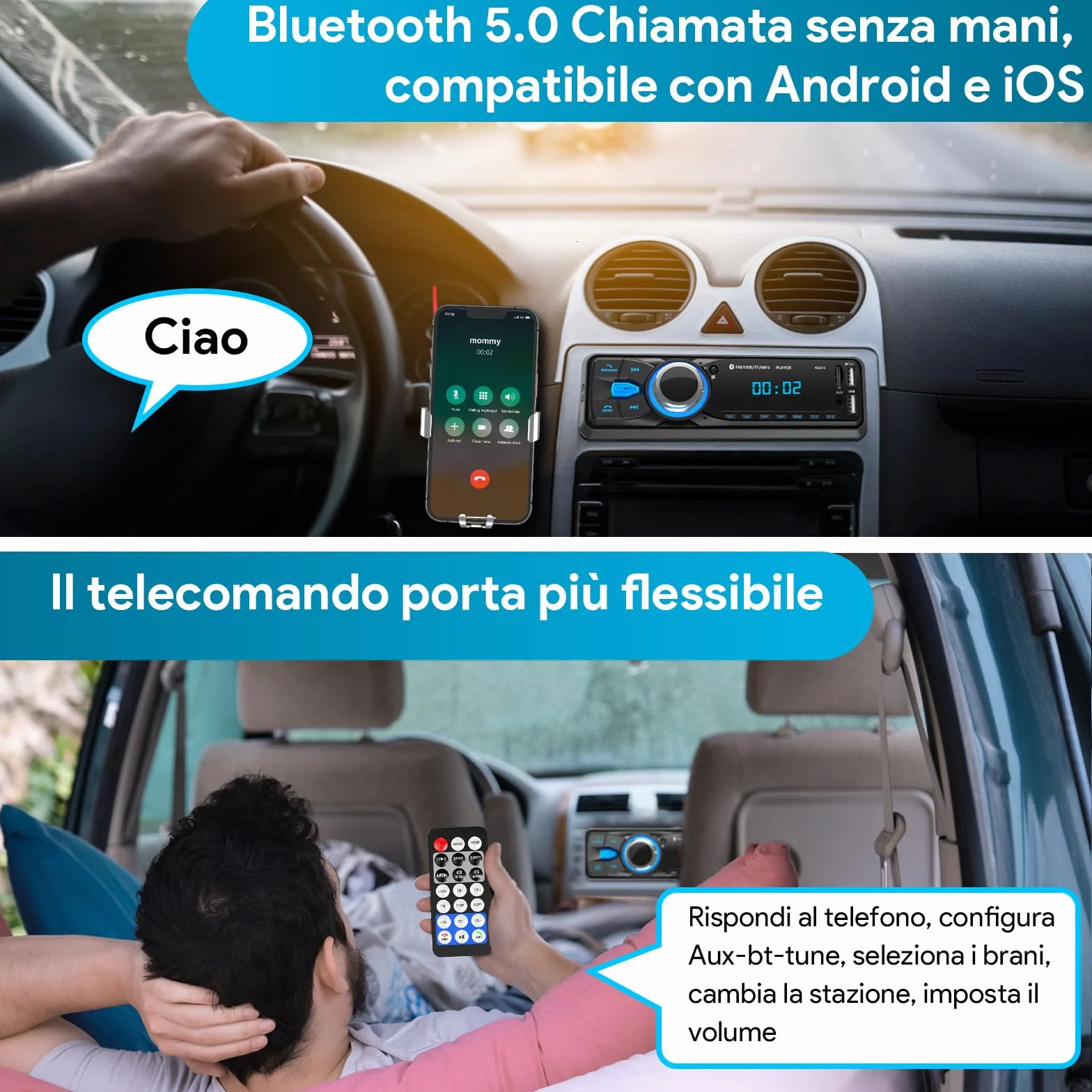 Chismos Stereo Auto 1 DIN Autoradio Bluetooth FM Radio MP3 Lettore Supporta 2 USB/SD/Aux Telecomando Ricarica rapida iOS Android