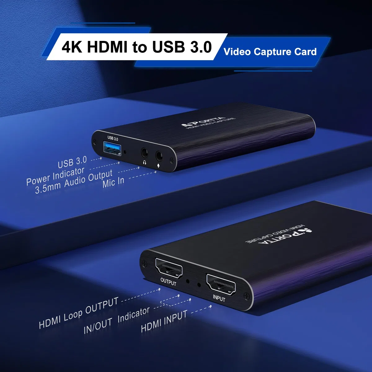 PORTTA Scheda di acquisizione video HDMI, streaming e registrazione in 1080P60 con latenza ultra bassa, ingresso/uscita loop HDMI 4K, USB 3.0 per PC compatibile con videocamera/PS4/PS5/OBS