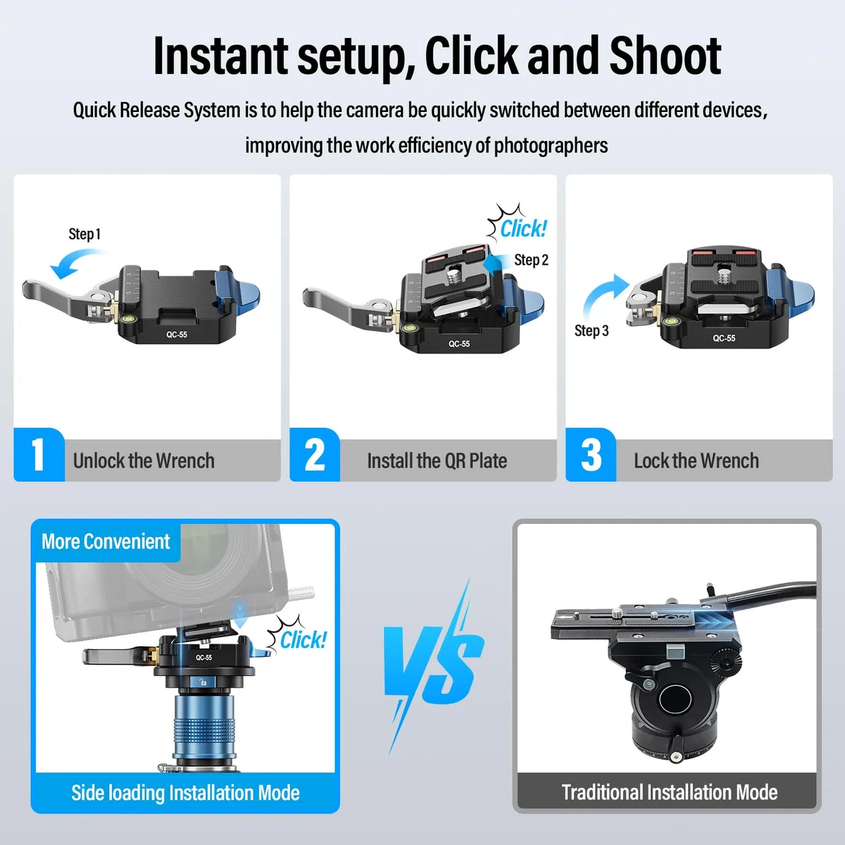 SIRUI Piastra Sgancio Rapido con Base di Serraggio, Quick Release Plate Clamp con Adattatore Vite da 3/8"-16 a 1/4"-20, Piastra di Rilascio Rapido per Fotocamera DSLR Treppiede Monopiede, QC-55