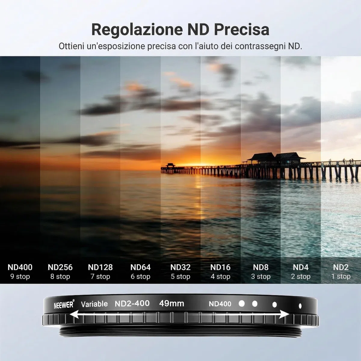 NEEWER 49mm Kit Filtro ND Variabile+CPL+UV (3pz), Filtri a Densità Neutra (ND2-400) Polarizzatore Circolare Multistrato per Lente Fotocamera, Set Accessori per Fotografia con Custodia e Copriobiettivo